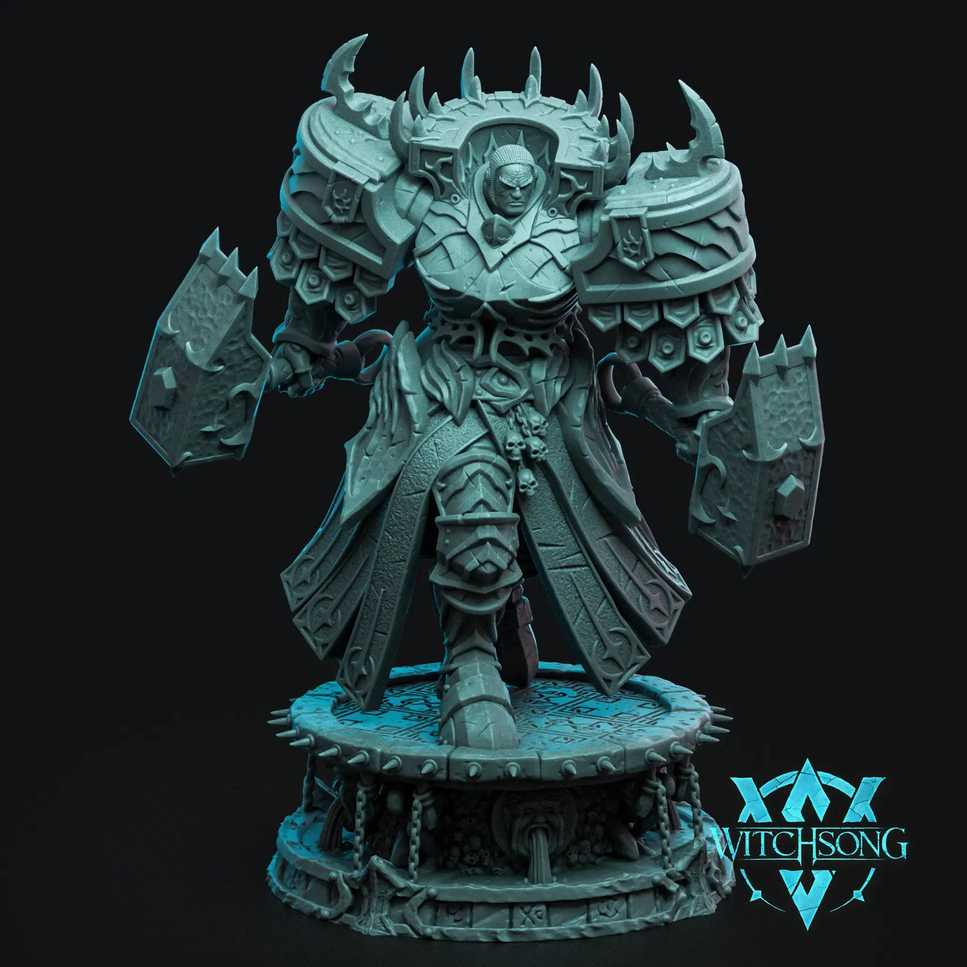 Fallen Overseer dark fantasy miniature full figure with dual hammers on decorated base