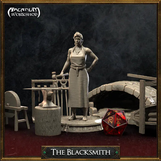 Female Blacksmith resin miniature with forge and tools – fantasy NPC set for TTRPGs.