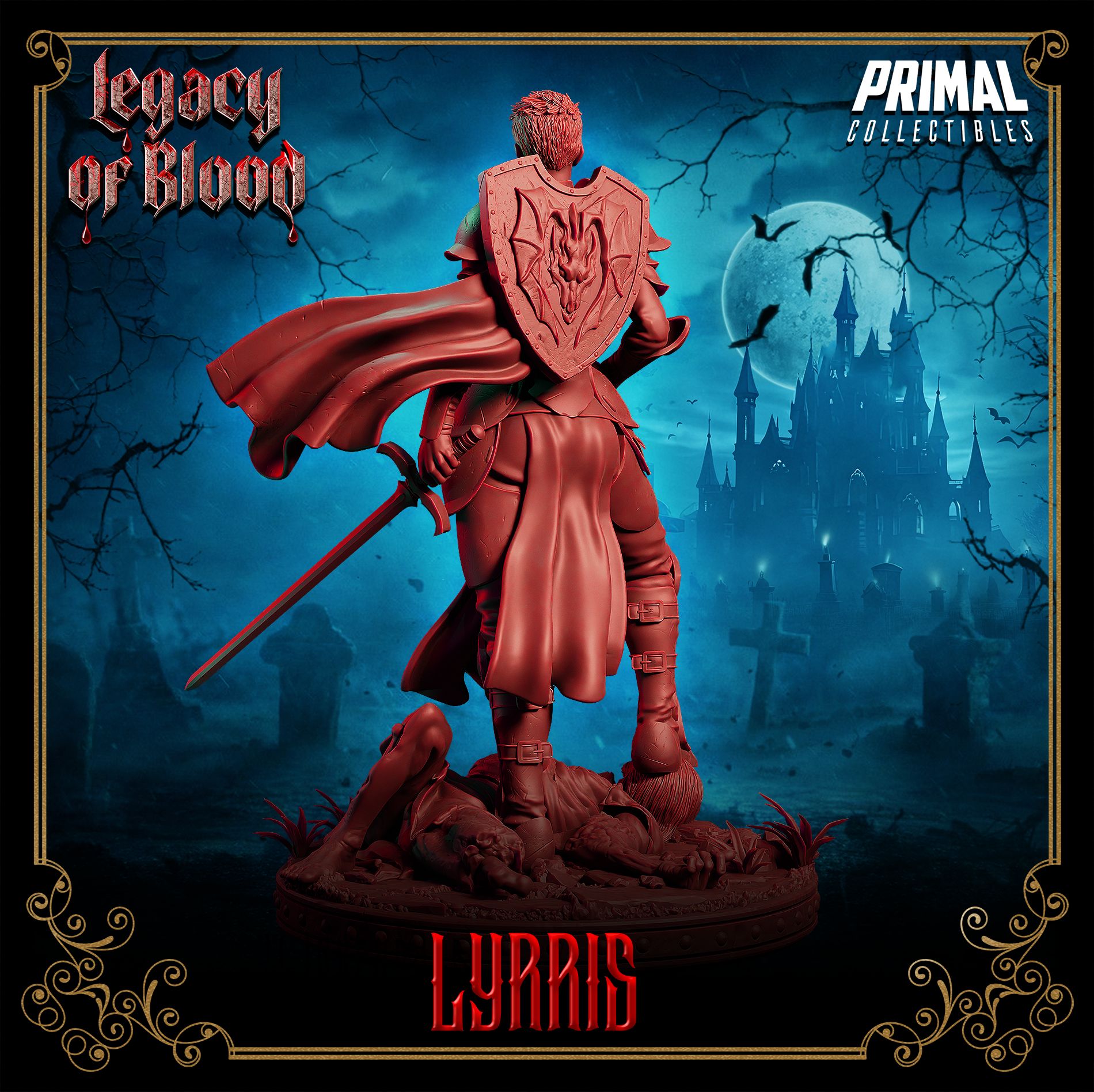 Lyrris resin 3D printed paladin miniature from Legacy of Blood, detailed armor and scenic base, perfect RPG hero or display piece.