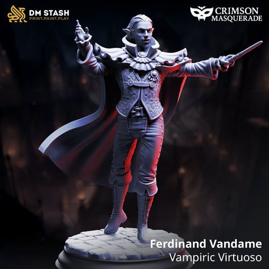 Ferdinand Vandame Vampiric Virtuoso resin miniature, gothic vampire bard with cape and violin bow – fantasy masquerade NPC or PC
