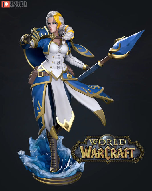 Jaina Proudmoore from World of Warcraft in blue and white armor with a spear on a dark background