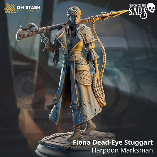 Fiona Dead-Eye Stuggart pirate miniature holding harpoon on ship deck for TTRPG