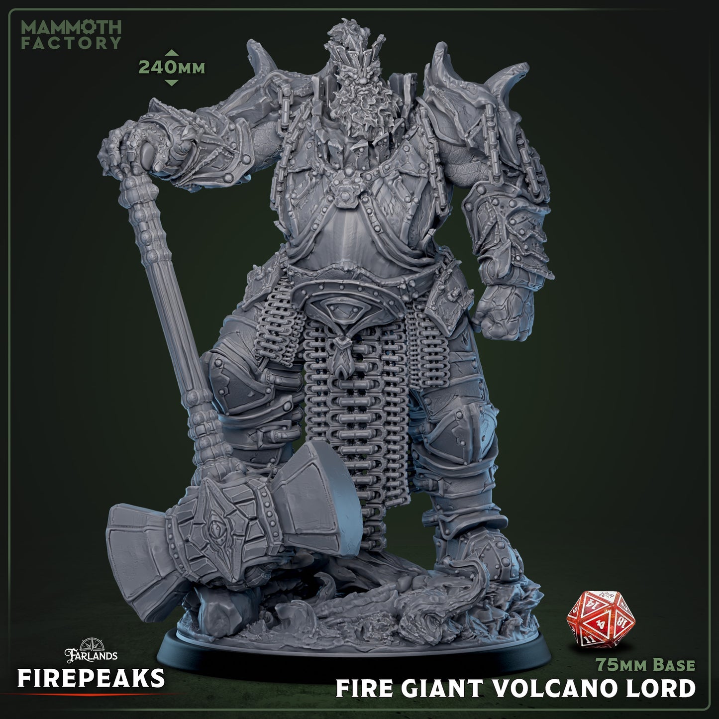 Fire Giant Volcano Lord resin miniature with sword and hammer variants on a 75mm base.