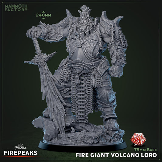 Fire Giant Volcano Lord resin miniature with sword and hammer variants on a 75mm base.