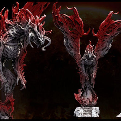Firelich resin miniature – flame-wrapped undead creature with horns and wings on a 75mm base