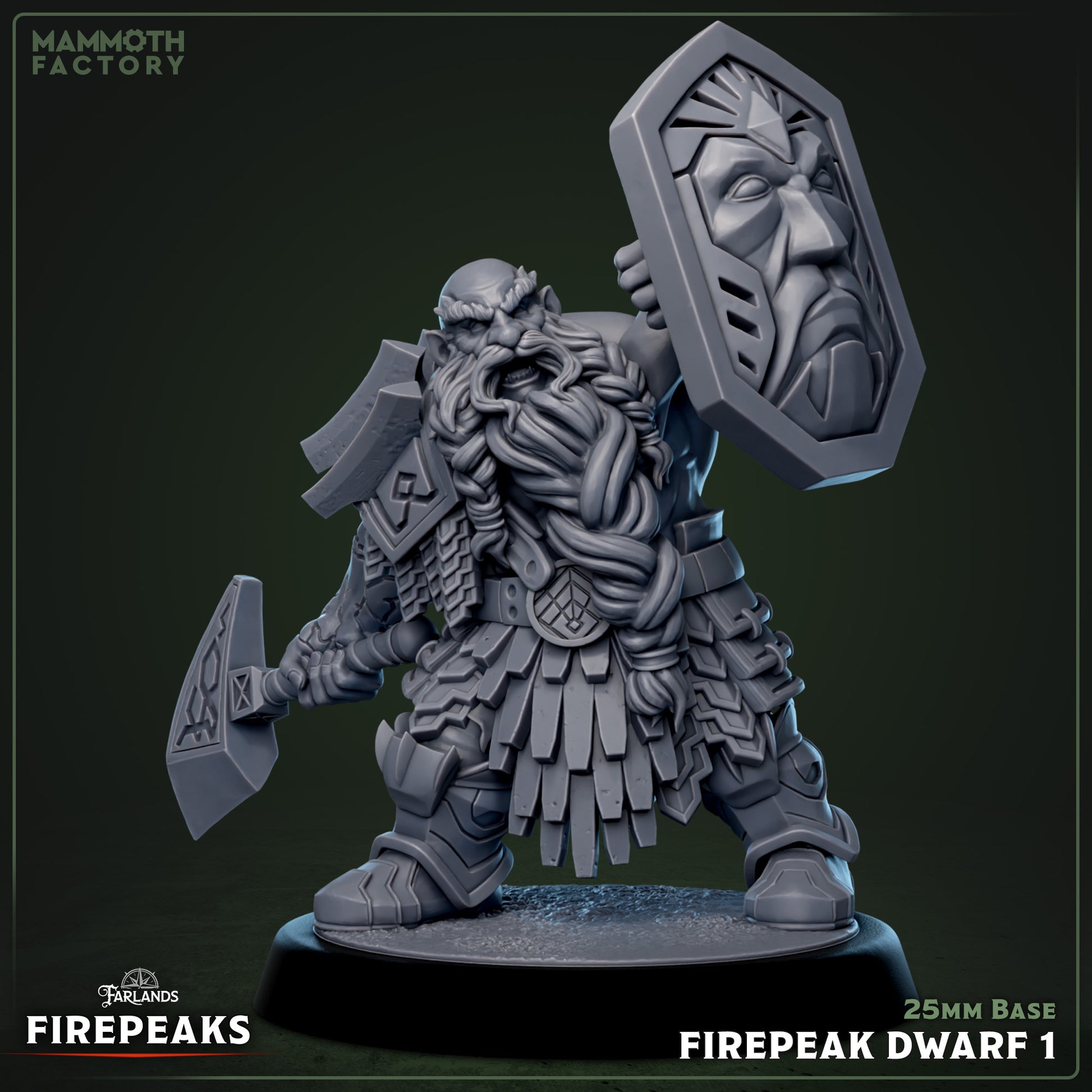 Firepeak Dwarf resin miniature warrior with axe and shield on 25mm base