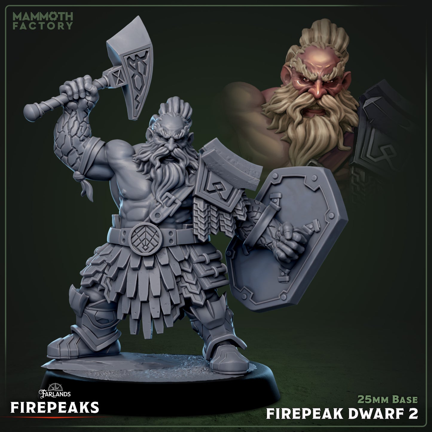 Firepeak Dwarf resin miniature warrior with axe and shield on 25mm base