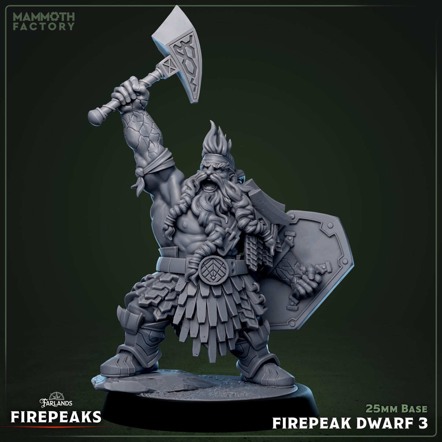 Firepeak Dwarf resin miniature warrior with axe and shield on 25mm base