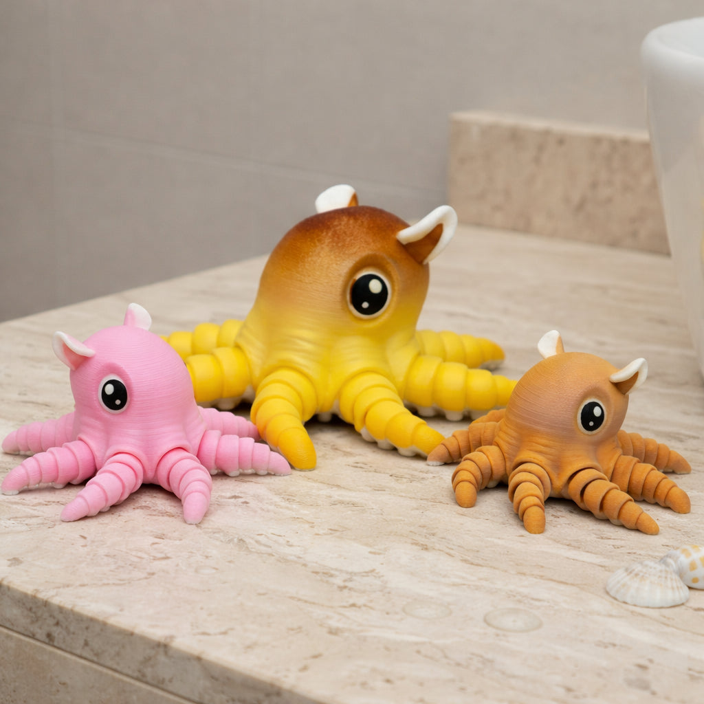Flapjack octopus toy featuring three articulated 3D printed octopus figures in pink yellow and orange displayed on a stone countertop with flexible tentacles smooth texture and cute wide eyed design for sensory play desk decor or gifts
