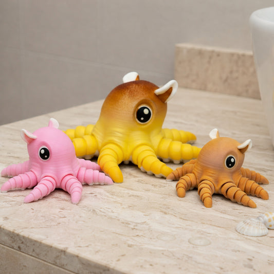 Flapjack octopus toy featuring three articulated 3D printed octopus figures in pink yellow and orange displayed on a stone countertop with flexible tentacles smooth texture and cute wide eyed design for sensory play desk decor or gifts