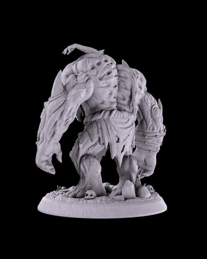 Unpainted gray resin Flesh Golem fantasy figurine on a black background