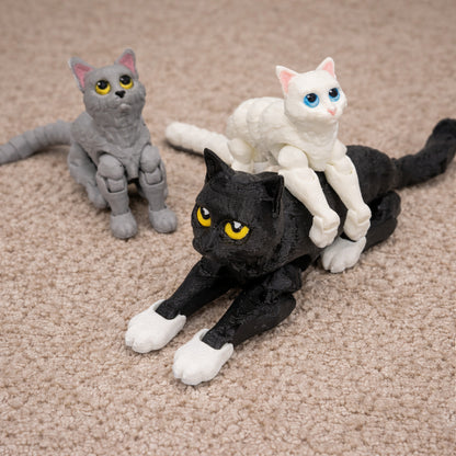 Three articulated flexi cat fidget toys in black white and gray shown on a carpeted surface featuring movable joints expressive eyes and smooth 3D printed detail designed for sensory play stress relief and gift giving