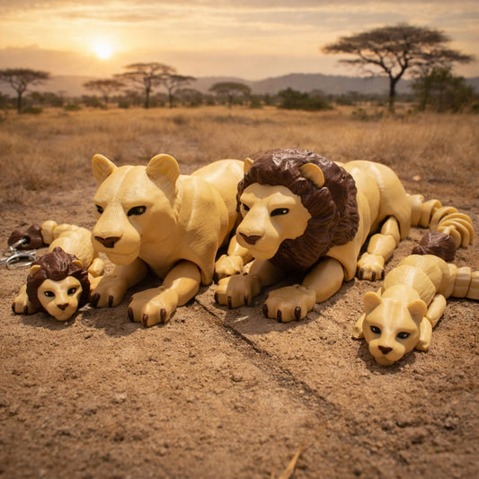 Articulated flexi lion toy set featuring a poseable male lion lioness and cubs resting on a savanna style ground with warm sunset lighting and acacia trees in the background