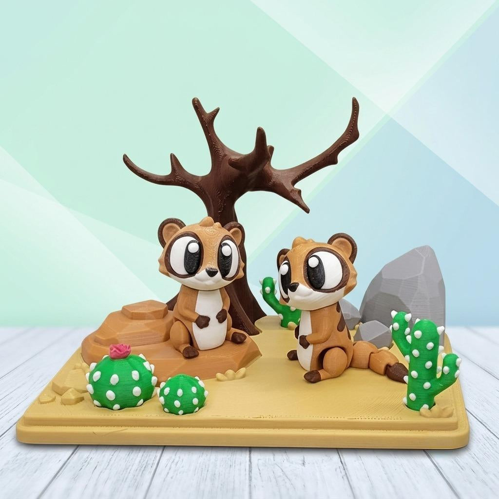 3D printed flexi meerkat desert play set with two brown meerkats, cacti, rocks, and a dead tree on a sandy yellow base