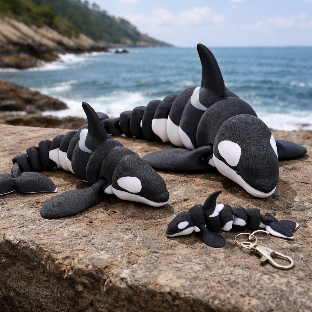 Black and white articulated flexi orca toys displayed on a rocky shoreline with ocean waves in the background, including multiple sizes and a small keychain orca