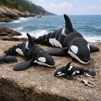 Black and white articulated flexi orca toys displayed on a rocky shoreline with ocean waves in the background, including multiple sizes and a small keychain orca