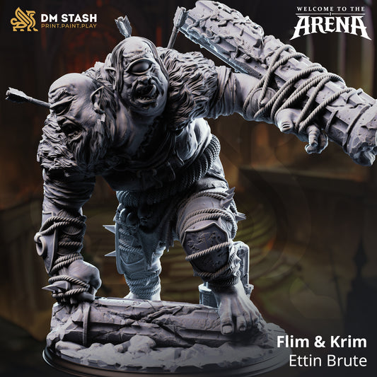 Flim & Krim, a massive two-headed Ettin Brute resin miniature by DM Stash, featuring cyclopean heads, a stone club, and fur-lined armor on a rocky terrain base.