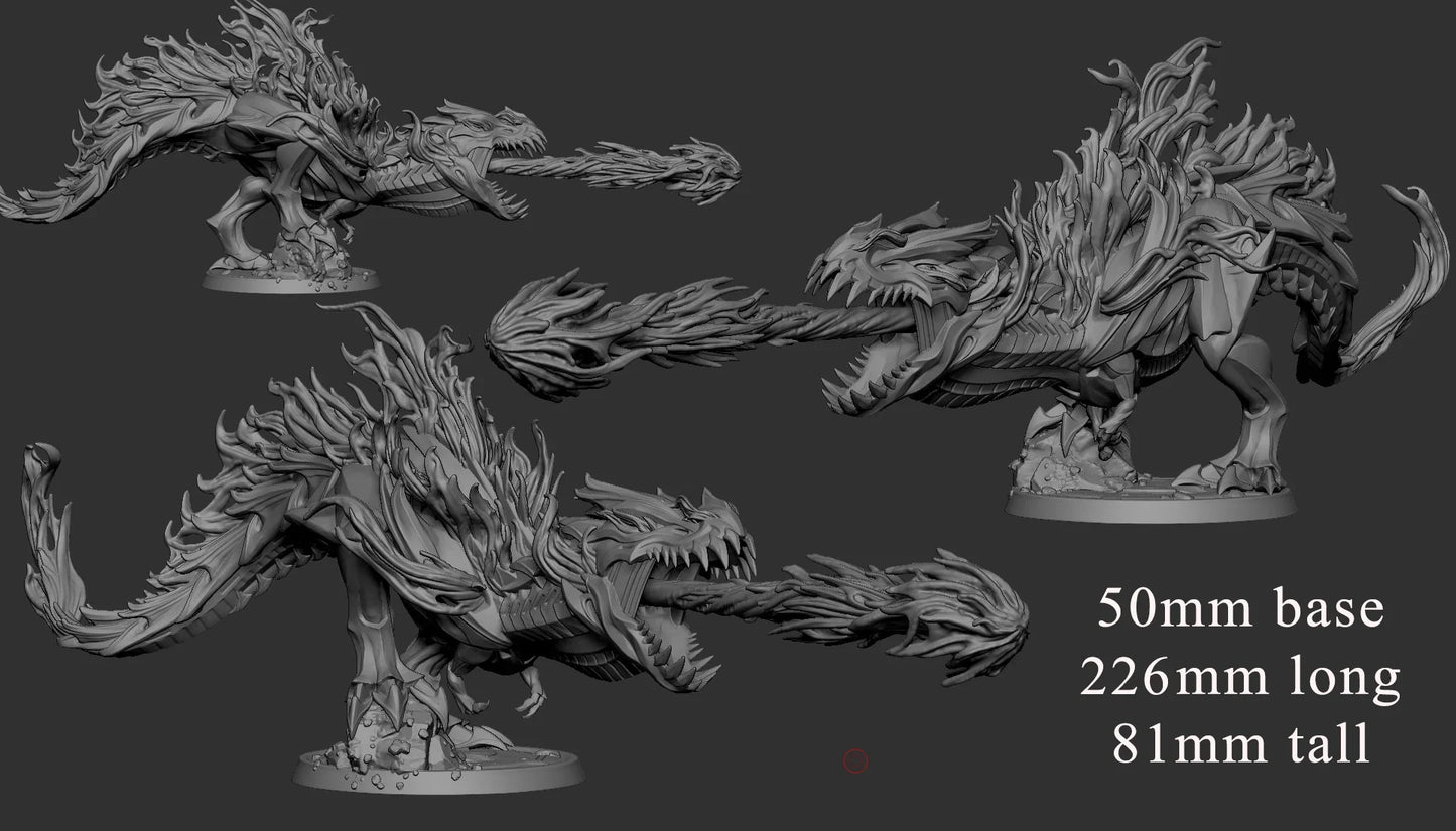 Fire dragon fantasy creature 3D model Dimensions: 50mm Base, 226mm Long, and 81mm Tall