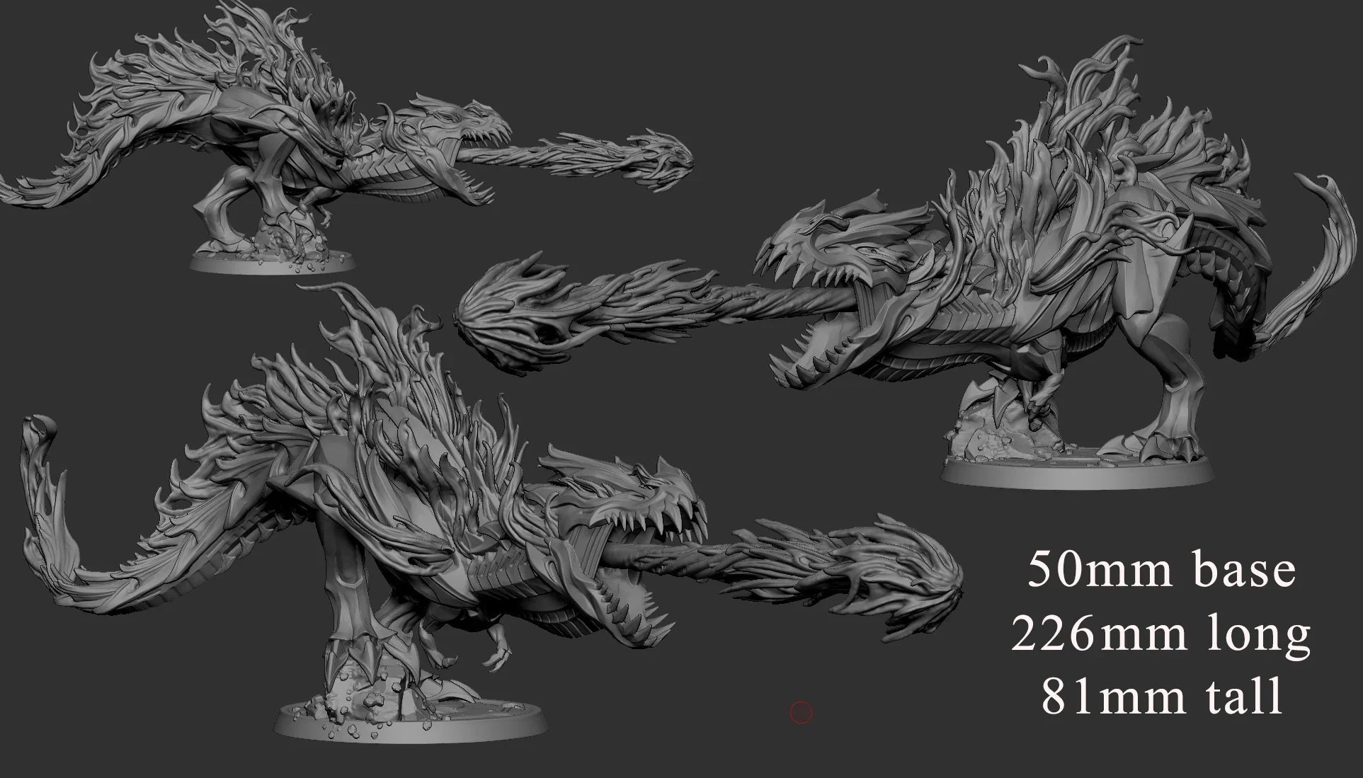 Fire dragon fantasy creature 3D model Dimensions: 50mm Base, 226mm Long, and 81mm Tall