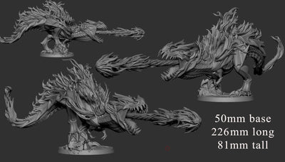 Fire dragon fantasy creature 3D model Dimensions: 50mm Base, 226mm Long, and 81mm Tall