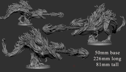 Fire dragon fantasy creature 3D model Dimensions: 50mm Base, 226mm Long, and 81mm Tall