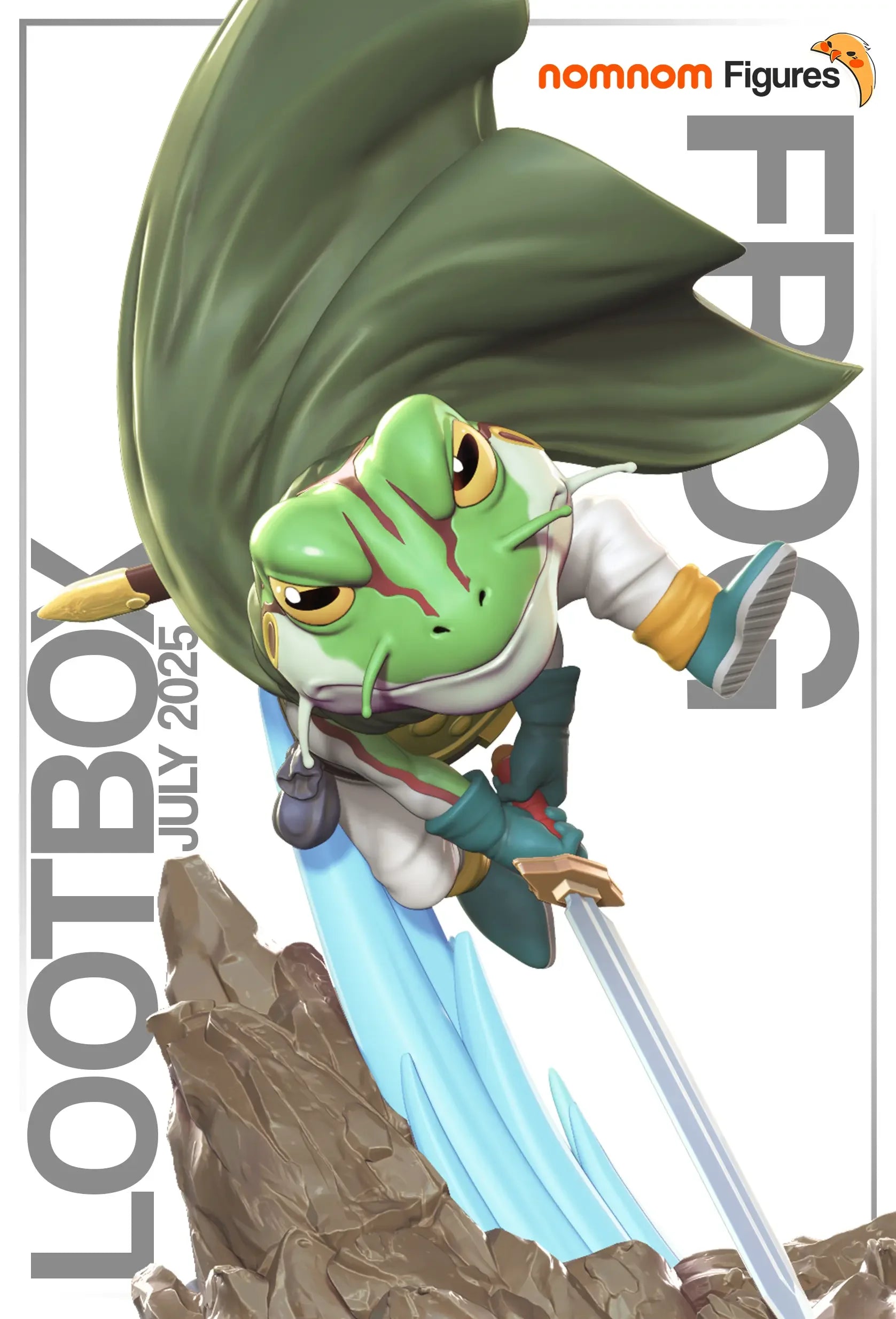 Frog Crono Trigger Beautyshot — 3D render of Frog figure in heroic pose from Crono Trigger, collectible fantasy miniature