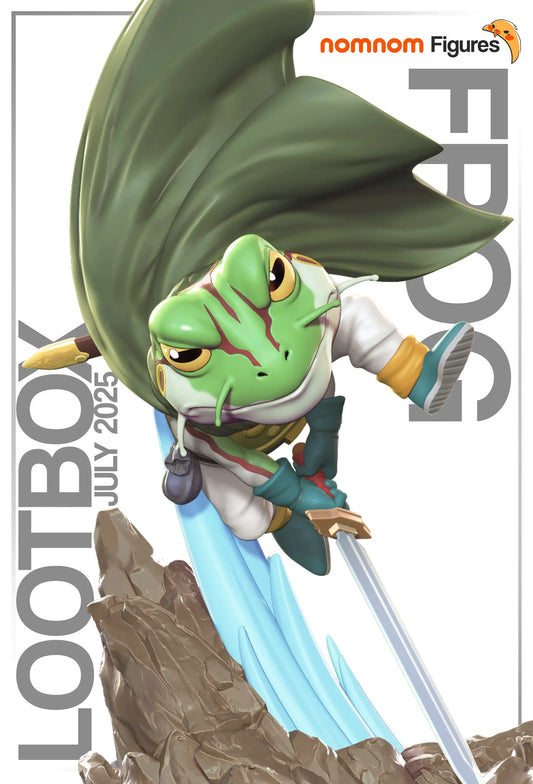 Frog Crono Trigger Beautyshot — 3D render of Frog figure in heroic pose from Crono Trigger, collectible fantasy miniature
