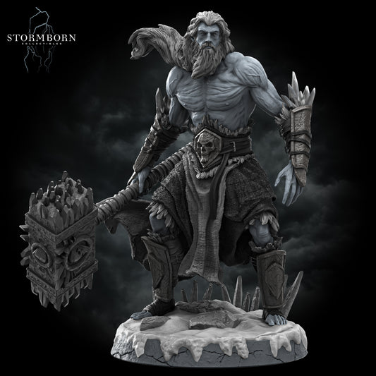 Frost Giant resin statue fantasy collectible with warhammer, icy snow base, customizable in raw, primed, or painted finishes