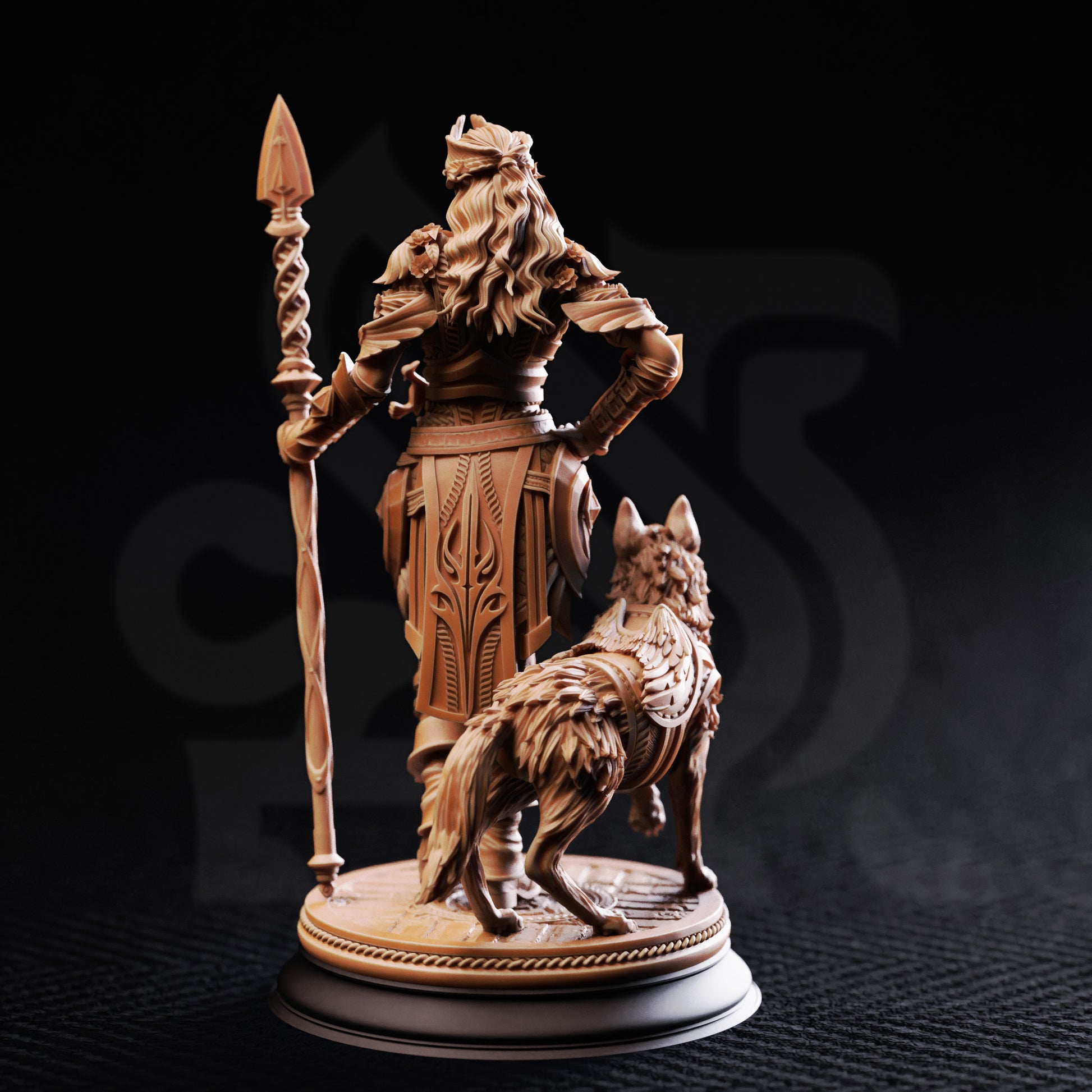 Frøya Maiden of Life resin miniature with wolf companion and spear on scenic base