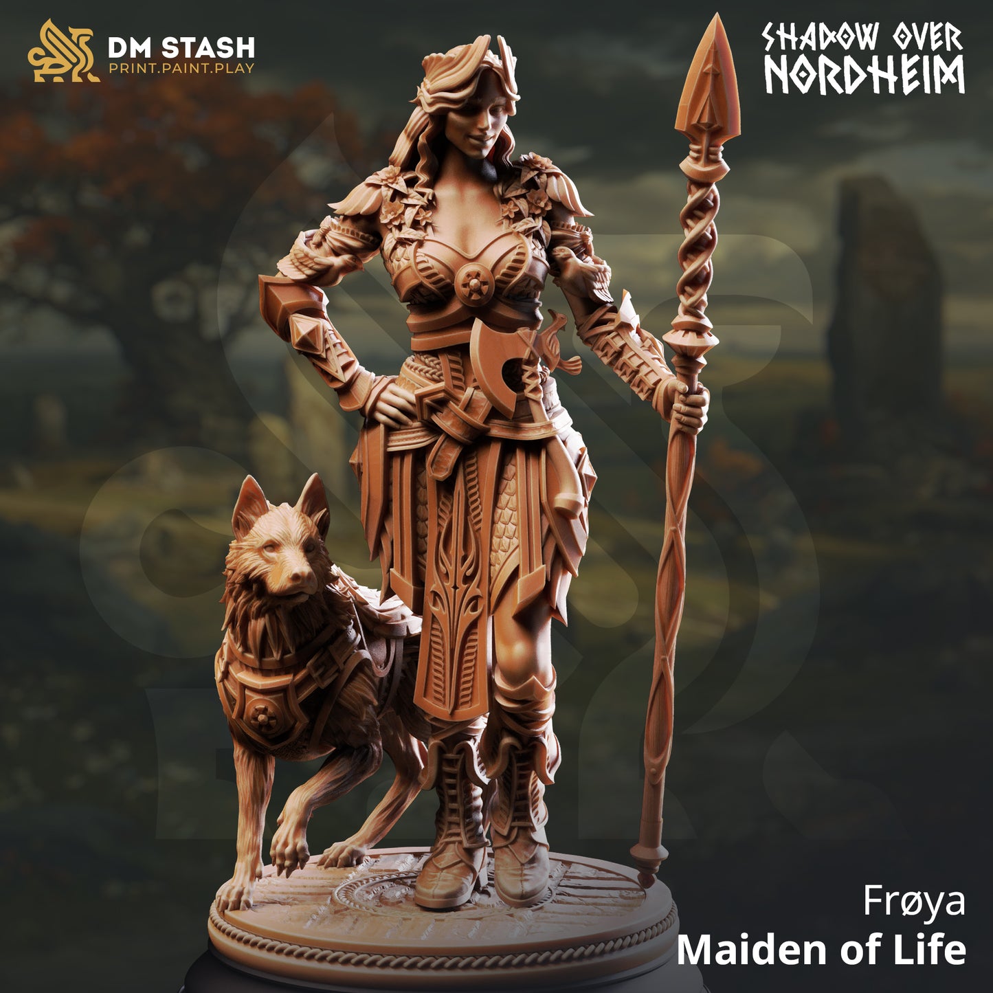 Frøya Maiden of Life resin miniature with wolf companion and spear on scenic base