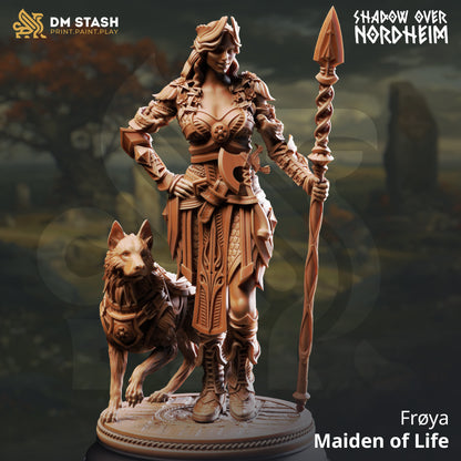 Frøya Maiden of Life resin miniature with wolf companion and spear on scenic base