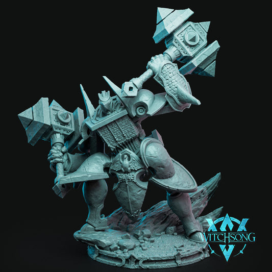 Full figure of Gallant Castleguard by Witchsong Miniatures, a huge armored construct wielding twin hammers for tabletop RPGs or display.