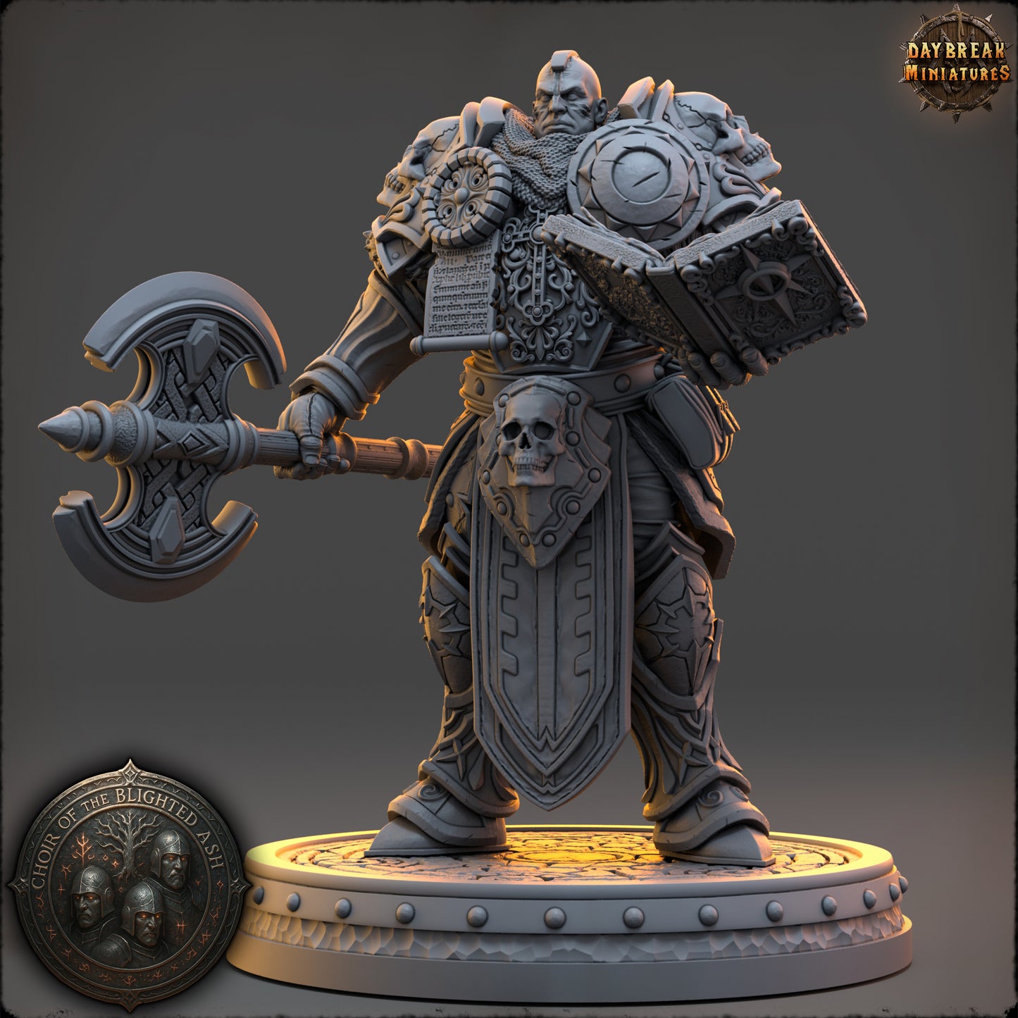 Gareth Dorn Paladin of the Blighted Ash resin miniature by Daybreak Miniatures – detailed armor, battle axe, holy tome – D&K Custom Prints