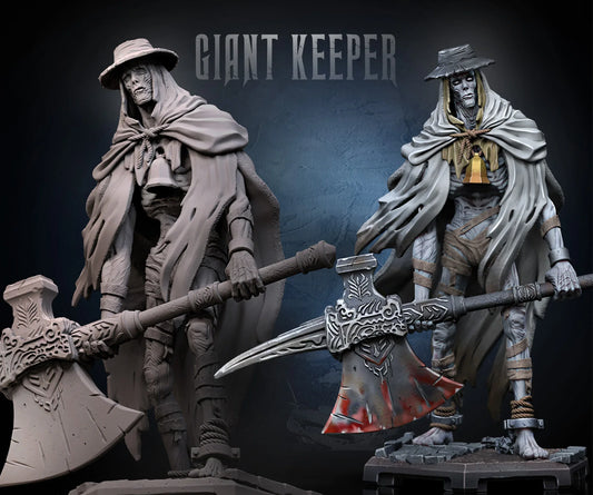 mages of Giant Keeper in gray resin and a painted rendering of a blood-stained axe