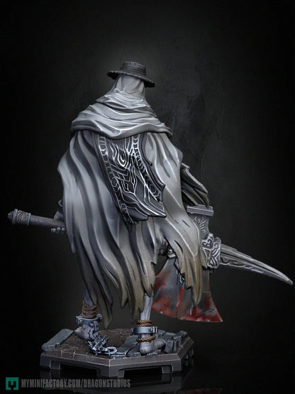 Rear view of a painted render of Giant Keeper warden with scenic base and highly detailed cloak