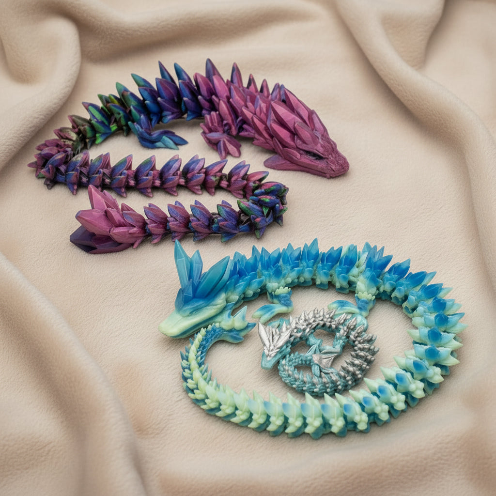 Large articulated dragons posed on a soft neutral fabric surface showing detailed sculpts flexible joints and bold crystal inspired colors