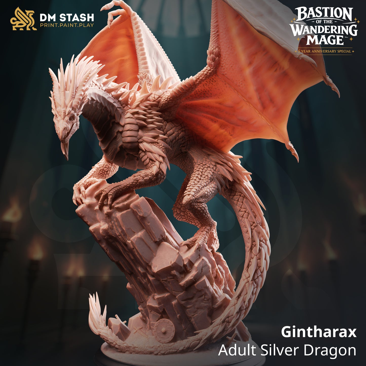 Gintharax Adult Silver Dragon resin miniature by DM Stash perched on a stone ruin on a huge 75mm base, printed by D&K Custom Prints.