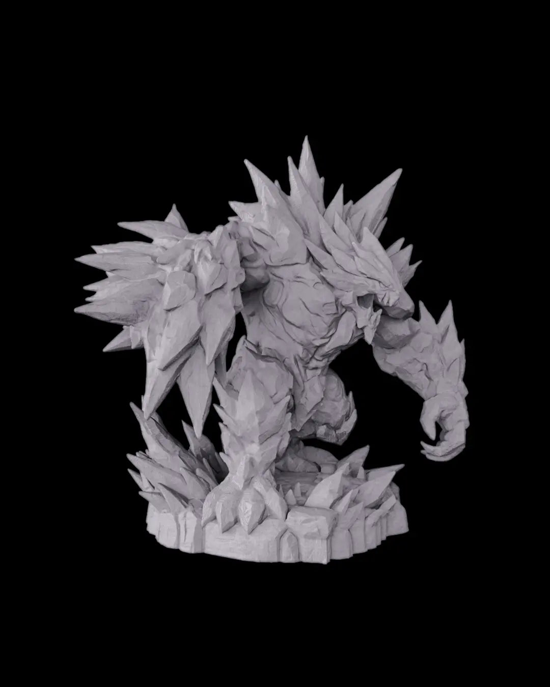gray resin printed Glacier Golem figurine on a black background