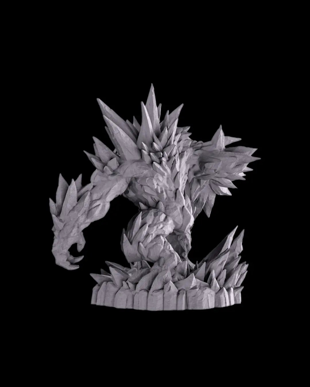 Gray resin Glacier Golem sculpture on a black background