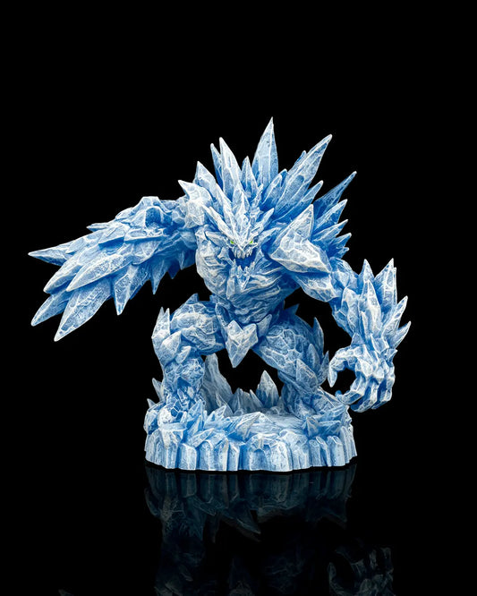 Ice blue and white rendered Glacier Golem resin miniature in 32mm scale with icy crystal texture