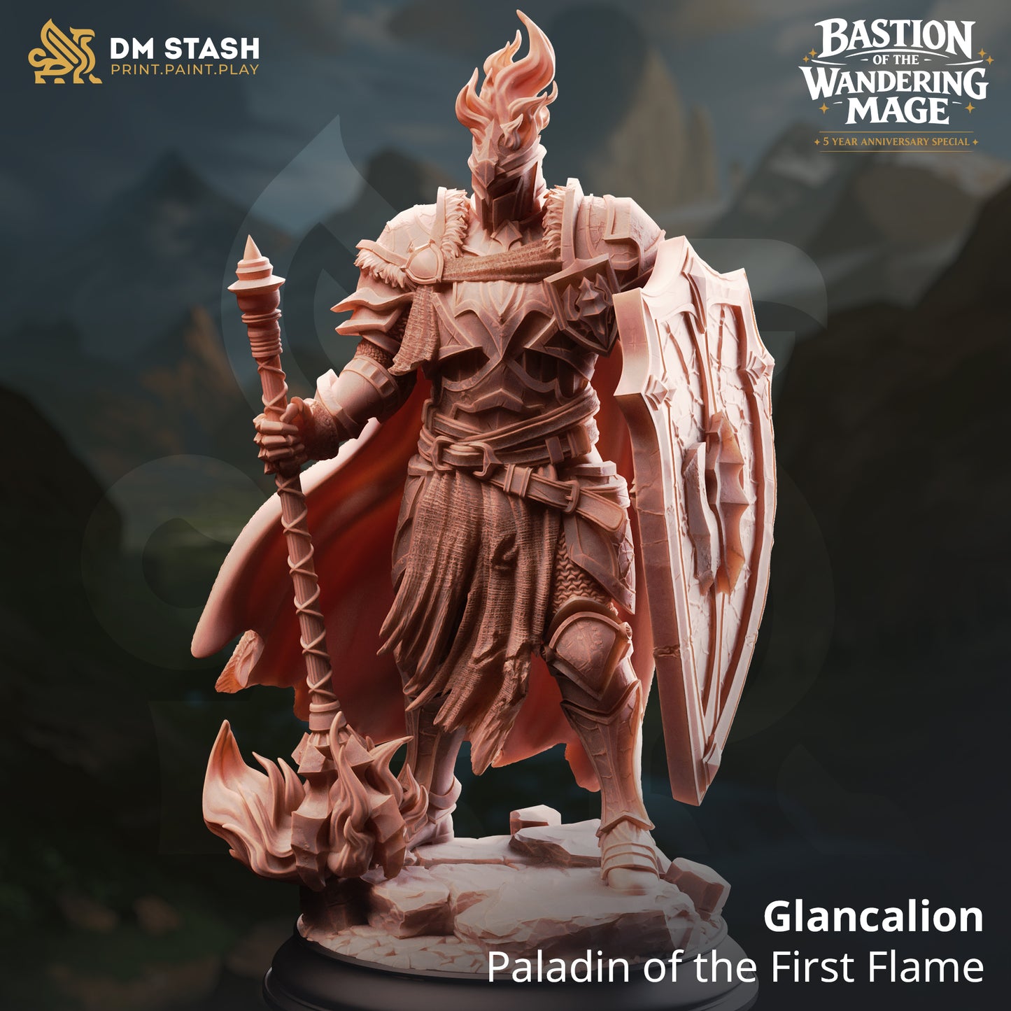 Glancalion Paladin of the First Flame resin miniature by DM Stash holding a massive flaming mace and shield, printed by D&K Custom Prints.