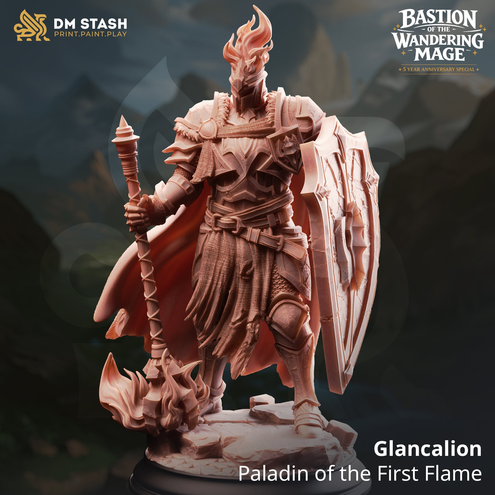 Glancalion Paladin of the First Flame resin miniature by DM Stash holding a massive flaming mace and shield, printed by D&K Custom Prints.