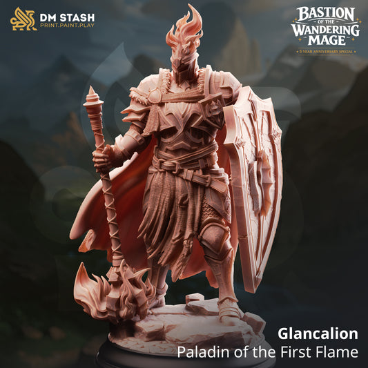Glancalion Paladin of the First Flame resin miniature by DM Stash holding a massive flaming mace and shield, printed by D&K Custom Prints.