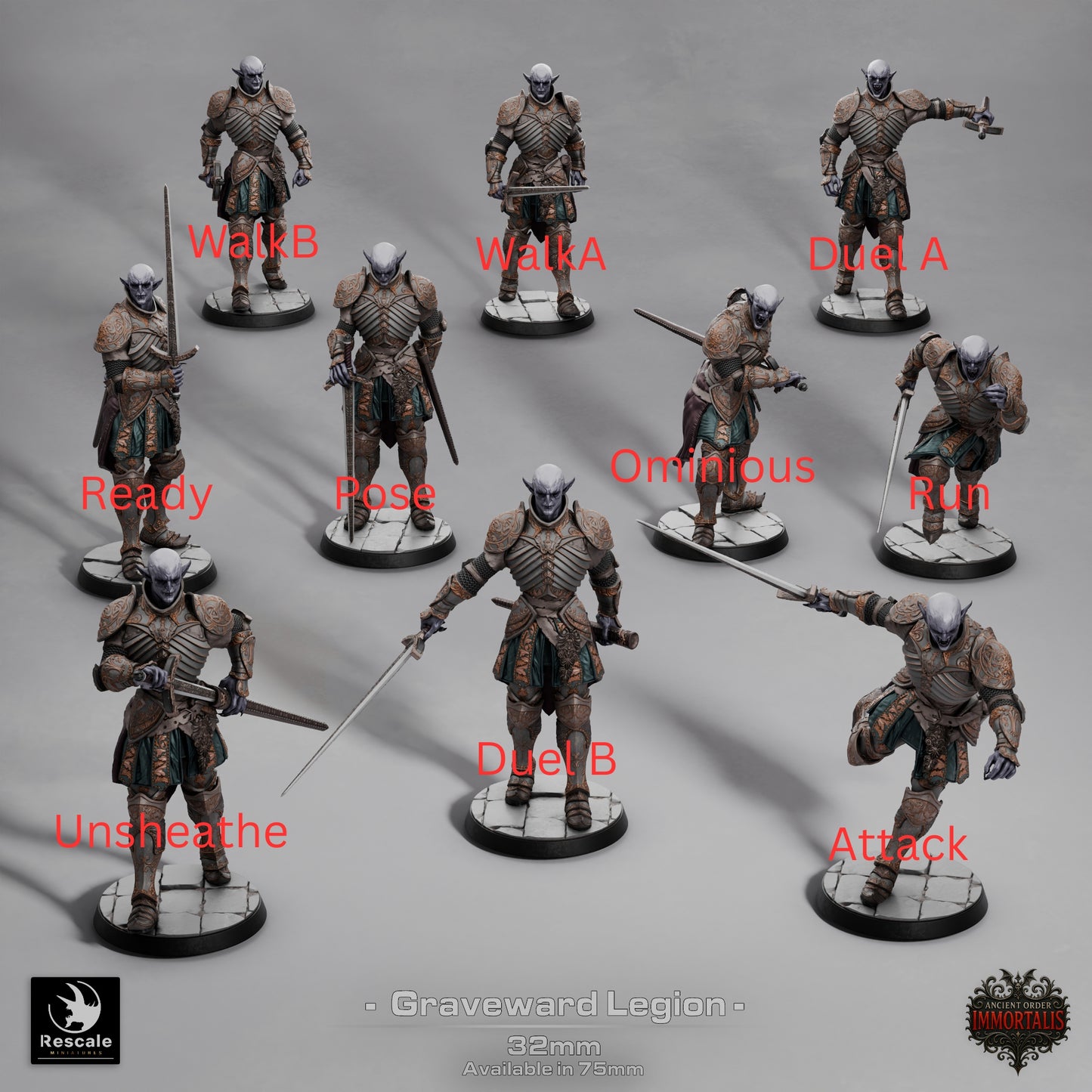 Graveward Legion resin miniatures – vampiric knights in multiple poses including attack, duel, and run stances, printed by D&K Custom Prints