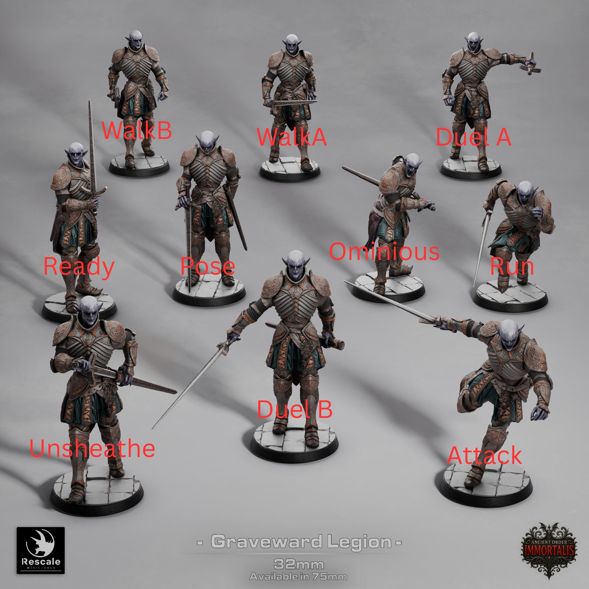 Graveward Legion resin miniatures – vampiric knights in multiple poses including attack, duel, and run stances, printed by D&K Custom Prints