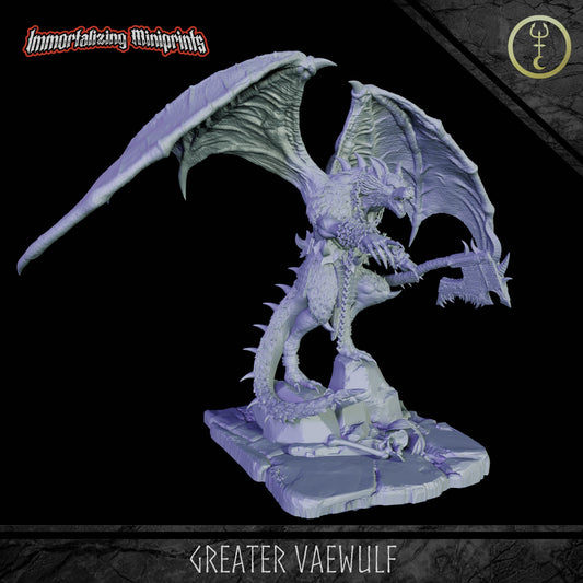 Greater Vaewulf demon miniature posed with wings extended and wielding massive axe atop a rocky skeletal base