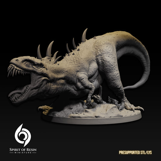 Unpainted grey resin render of the Deformed Rex by Spirit of Resin Miniatures, showcasing the ultra-fine 16K print detail on the scales and mutated bone protrusions.