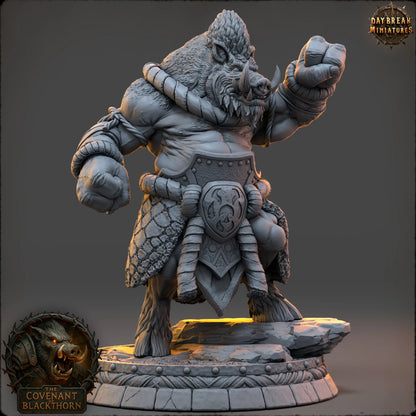 Grothar Rootsworn boarfolk champion miniature by Daybreak Miniatures, resin humanoid for fantasy TTRPGs in 32mm or 54mm scale.