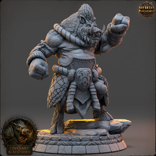 Grothar Rootsworn boarfolk champion miniature by Daybreak Miniatures, resin humanoid for fantasy TTRPGs in 32mm or 54mm scale.