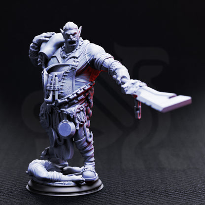 Gunthrak Destraz Half-Orc Vampiric Chef resin miniature, brutal vampire orc with oversized cleaver – gothic TTRPG boss villain